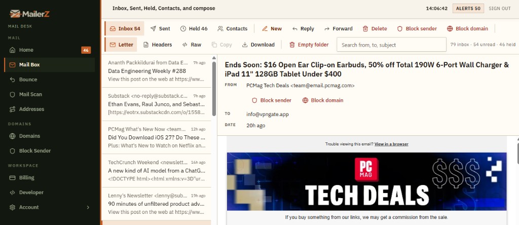 Mail preview with reply, compose, and block actions
